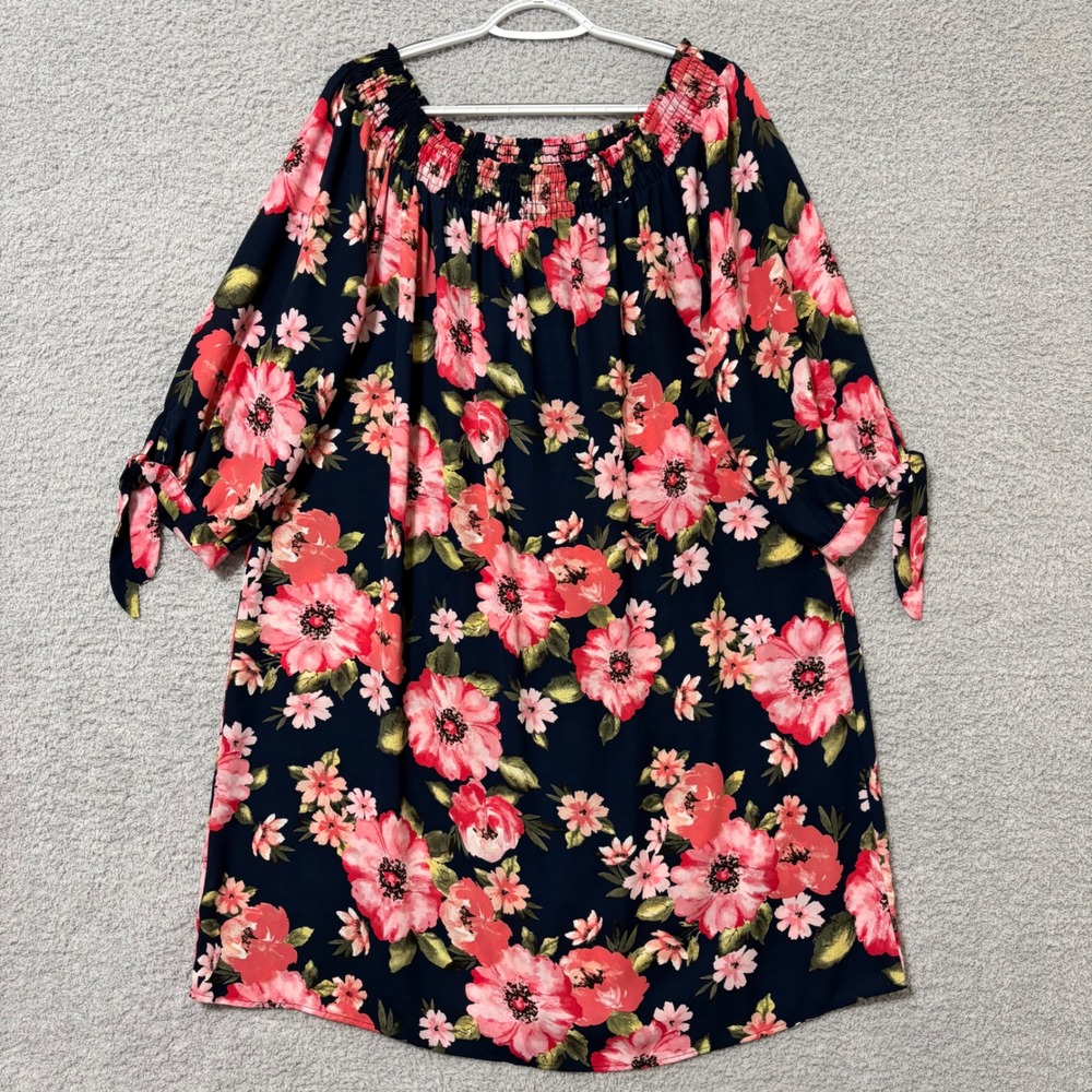 Casual Everyday Off Shoulder Floral Dress Navy Pink Boho Comfortable Size‎ 3X